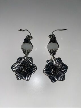 Floral Drop Dangle Earrings with White Bead